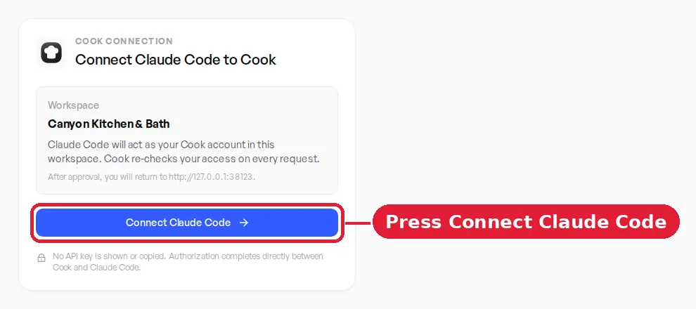 Cook's page for connecting Claude Code. It names the workspace, says Claude Code will act as your Cook account in it, and has one button: Connect Claude Code.