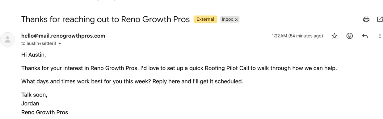 The email Claude sent the test lead, from the workspace's own domain, asking which days and times work for a call.